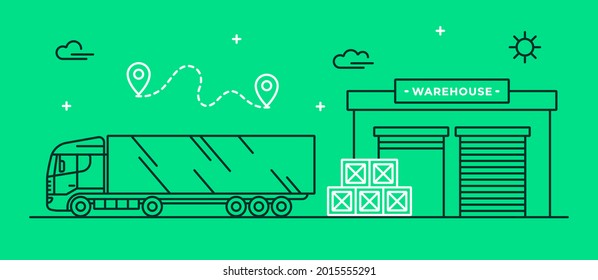 A large cargo van near the warehouse. Vector linear illustration with truck and storage. Freight transport, logistics and auto shipping concept. Transportation of goods. Web banner for marketing.