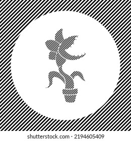 A large carnivorous plant symbol in the center as a hatch of black lines on a white circle. Interlaced effect. Seamless pattern with striped black and white diagonal slanted lines