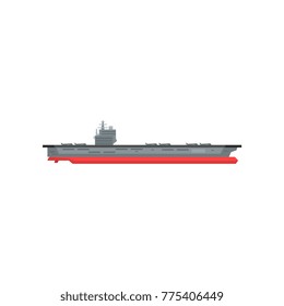 Large cartoon aircraft carrier with military planes on board. Marine vessel. Graphic design element for sticker, mobile or computer game. Flat vector illustration