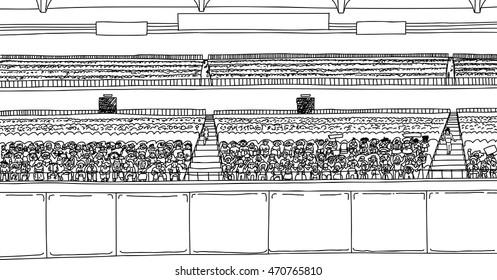 Large cartoon outline of stadium with diverse crowd under blank scoreboard signs