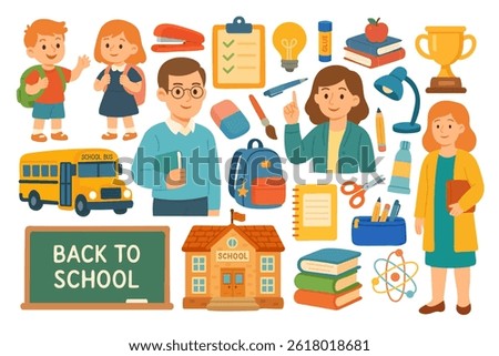 Large cartoon school set with kids, teachers, supplies, books, bus, chalkboard, and building. Flat vector illustration.