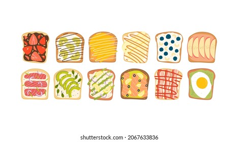 A large cartoon set of morning sandwiches or snacks with various ingredients such as fruits, berries, fish, scrambled eggs, avocado, cream cheese, nut and chocolate paste. White background.