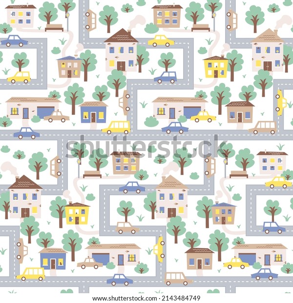 Large cartoon simple map of city and the\
streets along which cars drive. Cartographic scandinavian seamless\
pattern on white\
background.