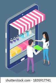 Large cartoon smartphone screen, store canopy, showcase with products. Seller woman invites man to visit the online store. Purchases remotely via Internet. Global trade. Lure customers. Flat image