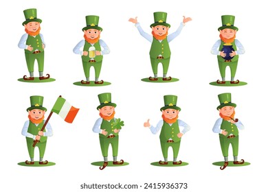 Large cartoon style St Patricks Day cute leprechaun, elf mascot illustration set. Leprechaun with irish flag, with beer, pot of coins, pipe and clover.