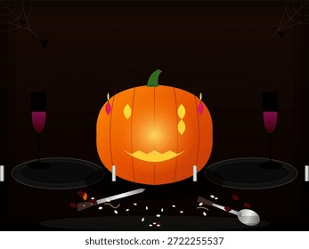Ein großer geschnitzter Kürbis sitzt auf einem Tisch, der von Tellern und Getränken umgeben ist. Der Rahmen ist dunkel mit Anklängen von Halloween Dekor. Besteck und kleine Essensstücke sind verteilt.
