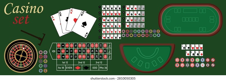 Large casino collection including roulette wheel, poker table, poker cards, chips, betting layouts and gambling elements. Vector set isolated on green background for casino projects.