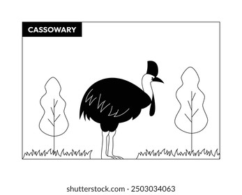 Large cassowary seen from the side standing in grass, black and white, outline, vector illustration of birds.