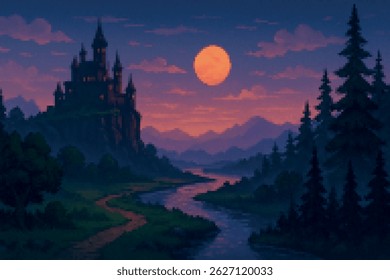 A large castle with glowing windows stands by a river under a full moon, framed by mountains and forests in the night sky. Perfect fantasy setting.