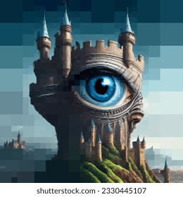 Large castle with a huge eye in it, Vector illustration. Rectangular design.