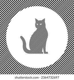 A large cat icon in the center as a hatch of black lines on a white circle. Interlaced effect. Seamless pattern with striped black and white diagonal slanted lines