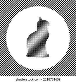 A large cat symbol in the center as a hatch of black lines on a white circle. Interlaced effect. Seamless pattern with striped black and white diagonal slanted lines