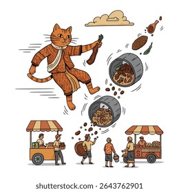 A large cat in traditional clothing is seen tossing food from a large container onto a street market stall.