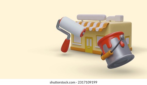 Large catalog of paints for exterior and interior work. Tools for painting ceiling and walls. Shop advertising banner with cute isometric illustration on yellow background