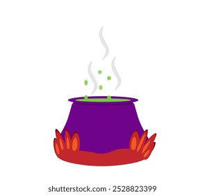 large cauldron purple on fire on a white background, 
