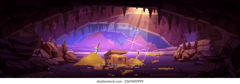 Large cave with piles of gold. Vector cartoon illustration of underground dungeon with treasure chest full of golden coins, sparkling gemstones, jewelry, medieval swords, adventure game background