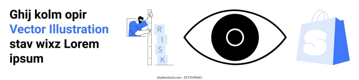 Large central eye with ladder labelled RISK and small figure climbing, adjacent text, and shopping bag. Ideal for business, precaution, vision, e-commerce, branding. Landing page