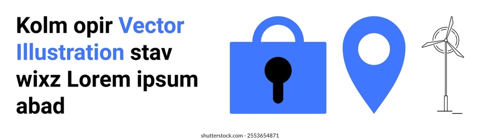 Large central padlock icon with accompanying location pin and wind turbine in blue and black. Ideal for security, navigation, renewable energy, technology, and eco-friendly topics. Landing page