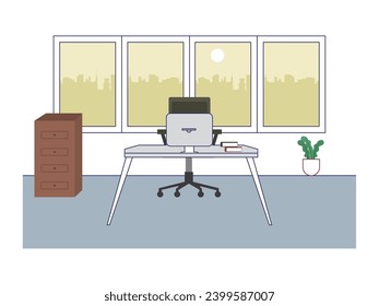 Gran espacio de trabajo de CEO, ventanas con hermosas vistas de la ciudad. Interior minimalista. Diseño de caracteres. Ilustración plana del vector