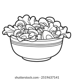 Large ceramic bowl full of fresh salad with boiled eggs, cucumbers, lettuce and champignon mushrooms outlined. Image produced without the use of any form of AI software at any stage.