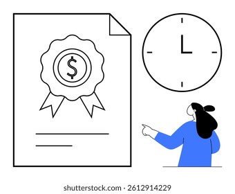 Large certificate with dollar sign badge, clock showing time, and person pointing. Ideal for finance, business awards, achievements, time management, and education. Simple line art style