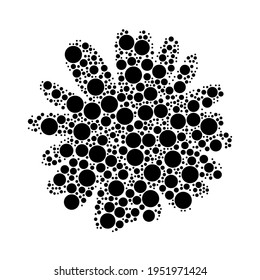 A large chamomile flower in the center made in pointillism style. The center symbol is filled with black circles of various sizes. Vector illustration on white background