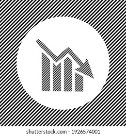 A large chart down symbol in the center as a hatch of black lines on a white circle. Interlaced effect. Seamless pattern with striped black and white diagonal slanted lines