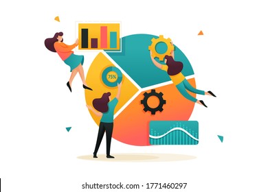 Large chart and a set of analytical data, data collection and employees. Flat 2D character. Concept for web design