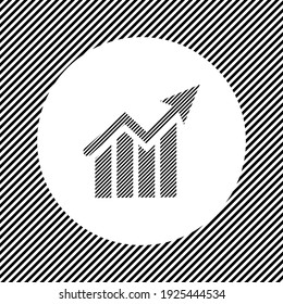 A large chart up symbol in the center as a hatch of black lines on a white circle. Interlaced effect. Seamless pattern with striped black and white diagonal slanted lines