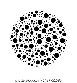 A large checker game symbol in the center made in pointillism style. The center symbol is filled with black circles of various sizes. Vector illustration on white background