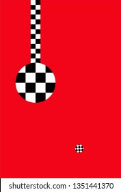 A Large Checkerboard Patterned Circle Hanging from a Vertical Strip and a Small Floating Circle Below It