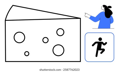 Large cheese section with holes beside a woman who points at it. Below her, a running icon represents action. Ideal for instructions, movement, food, education, and simplicity. Minimalist style