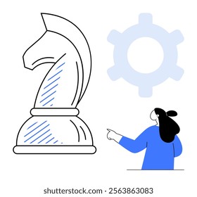 Large chess knight beside a gear wheel and person pointing. Ideal for strategy, planning, decision making, business, and teamwork themes. Modern style with clean lines and simple shapes