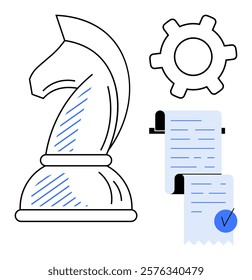 Large chess knight beside a gear and a checklist. Ideal for themes of leadership, strategy, project management, decision-making, and productivity. Line art, minimalist style