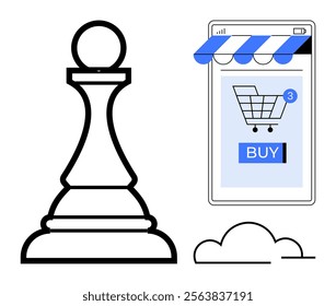 A large chess pawn beside a mobile phone displaying a shopping cart icon with notifications under a store awning. A cloud icon is also present. Ideal for business strategy, e-commerce