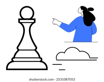 A large chess pawn is next to a person pointing with a cloud below them in a minimalist style. Ideal for business strategy decision making game theory guidance simplicity and focus. Black and blue