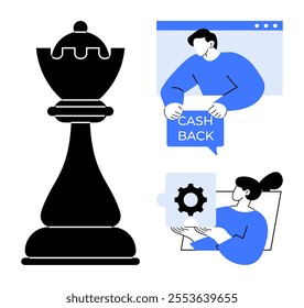 Large chess rook next to a man holding a cashback sign and a woman holding a gear piece. Ideal for business strategy financial planning digital marketing technology e-commerce solutions. Flat vector