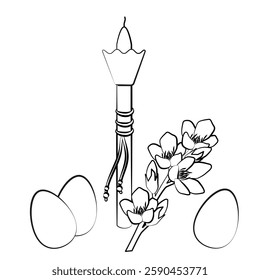 Large children's candle with protective cup, almond branch and eggs. Greek resurrection. Easter customs from different countries. Vector illustration. Black and white.