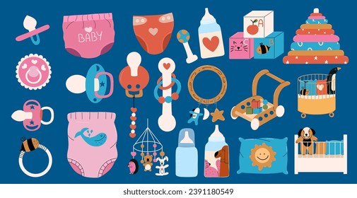 Large children's set of items. Musical carousel, diaper, baby pants, milk bottles, pacifiers, rattles, cribs, pillows. Hand draw vector illustration