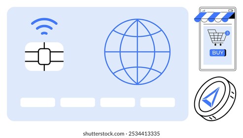 Große Chipkarte mit Wireless, Globussymbol, Smartphone mit Store-App und Kryptowährungsmünze. Ideal für digitale Transaktionen, Online-Shopping, E-Commerce, Finanztechnologie, digitale Währung