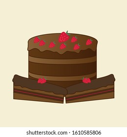 A large chocolate cake with strawberries and two pieces of cocoa cake with strawberry filling