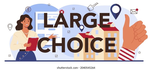 Large choice typographic header. Real estate industry. Idea of wide selection of house for sale and rent. Realtor assistance and help in property mortgage. Vector illustration