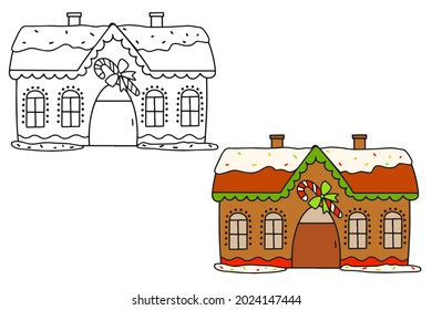 Large Christmas gingerbread house. Black-and-white and color outline illustration on a white background.	