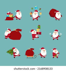 A large Christmas and New Year Santa Claus set. A set of funny cartoon Santa Claus with different emotions and situations. Gifts, a bag of gifts, a Christmas tree. Vector illustration