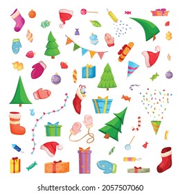 Un gran conjunto navideño que consiste en un árbol de Navidad, regalos, decoraciones y dulces. Ilustración de dibujos animados.