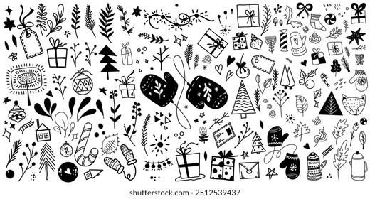 A large Christmas set of doodles isolated on a white background, in the style of a children's drawing. Black and white elements of the holiday design.