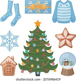 A large Christmas set with festive items such as a gift, a snow globe, a gingerbread, as well as a Christmas tree toy and a sweater. Collection of Christmas items. Symbols of the new year. Vector