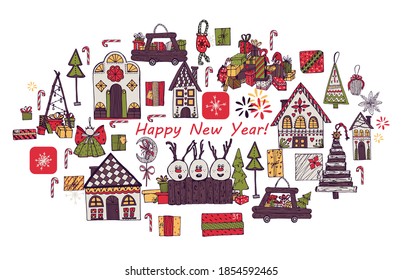 Large Christmas set of greeting cards with cute characters and festive elements in the shape of an oval in children's hand-drawn Scandinavian style, new year palette. Isolate