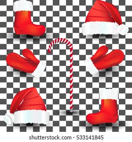 Large, a Christmas set of red santa claus hat, mittens, boots, striped stick. Vector illustration.