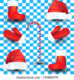 A large, Christmas set of red Santa Claus hat, mittens, boots, a striped stick on a blue background in a cage. Vector illustration.